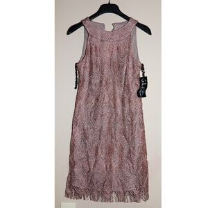 S.L. Fashions Dress Women's Size 8 Metallic Gold Crochet Lace Halter Fringe